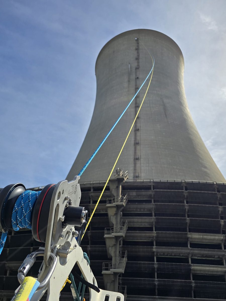 Rope access descent lines rigged on a large industrial cooling tower